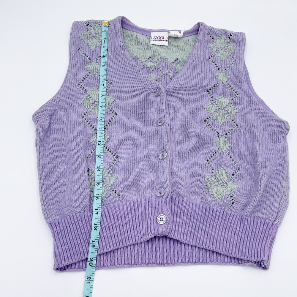 Vintage 90s Y2K Preppy Liz Golf Pastel Purple Green Argyle Knit Sweater Vest - Picture 8 of 8